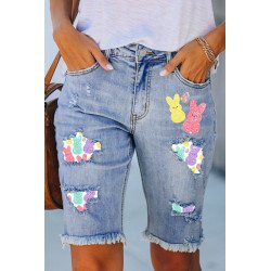 Womens Easter Bunny Rabbit Print Jeans Shorts Ripped Distressed Denim Bermuda Shorts