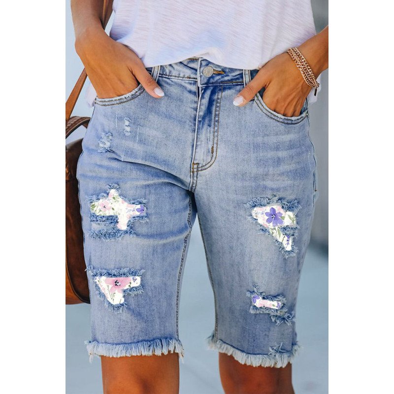 Womens Floral Print Ripped Denim Bermuda Shorts Distressed Jeans Shorts