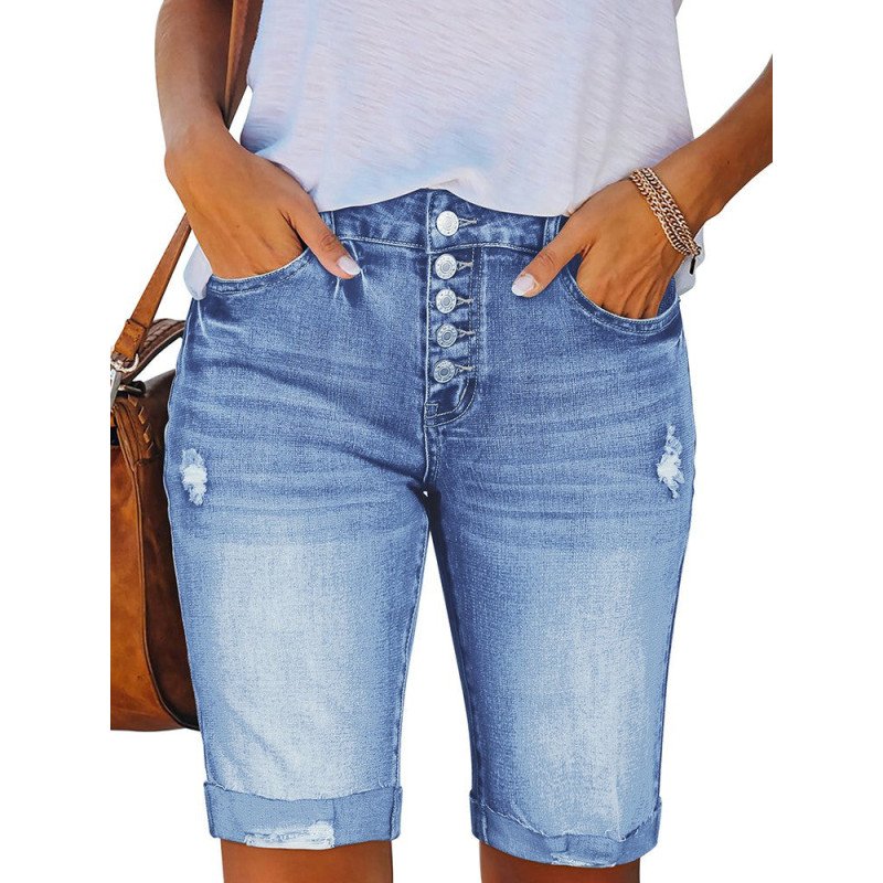 Womens Denim Bermuda Shorts Summer Frayed Ripped Distressed Short Jeans