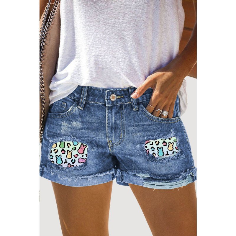 Women's Ripped Denim Shorts Easter Bunny Distressed Jean Shorts