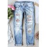 Women's Floral Print Distressed Denim Pants Ripped Patchwork Jeans