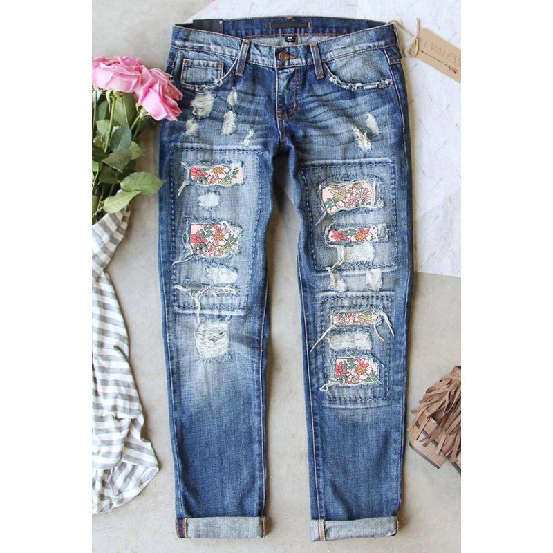 Women's Floral Print Distressed Denim Pants Ripped Patchwork Jeans