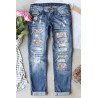 Women's Floral Print Distressed Denim Pants Ripped Patchwork Jeans