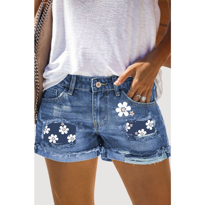 Floral Print Ripped Short Jeans for Women Distressed Denim Shorts