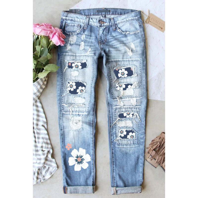 Womens Floral Patch Ripped Distressed Stretch Skinny Denim Jeans