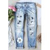 Womens Floral Patch Ripped Distressed Stretch Skinny Denim Jeans