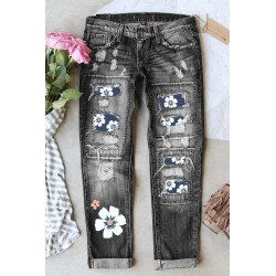 Womens Floral Patch Ripped Distressed Stretch Skinny Denim Jeans