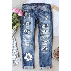 Womens Floral Patch Ripped Distressed Stretch Skinny Denim Jeans