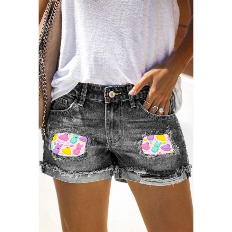 Women Summer Jean Shorts Stretchy Easter Bunny Print Denim Shorts