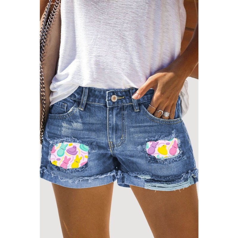 Women Summer Jean Shorts Stretchy Easter Bunny Print Denim Shorts
