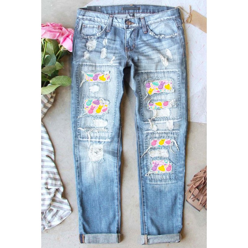 Womens Cute Bunny Print Jeans Destroyed Patchwork Denim Pants