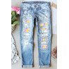 Womens Cute Bunny Print Jeans Destroyed Patchwork Denim Pants