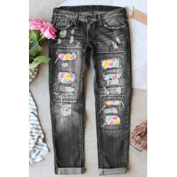 Womens Cute Bunny Print Jeans Destroyed Patchwork Denim Pants