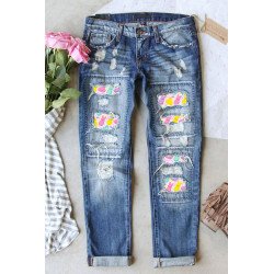 Womens Cute Bunny Print Jeans Destroyed Patchwork Denim Pants