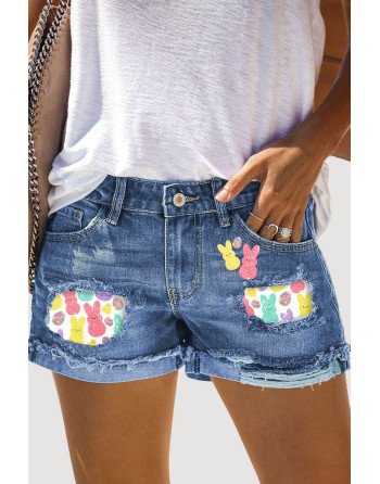 Women's Ripped Distressed Denim Shorts Easter Rabbit Graphic Jeans Shorts