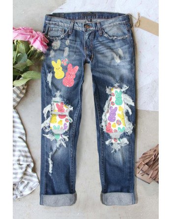 Women's Boyfriend Jeans Easter Rabbit Stretchy Ripped Distressed Denim Pants