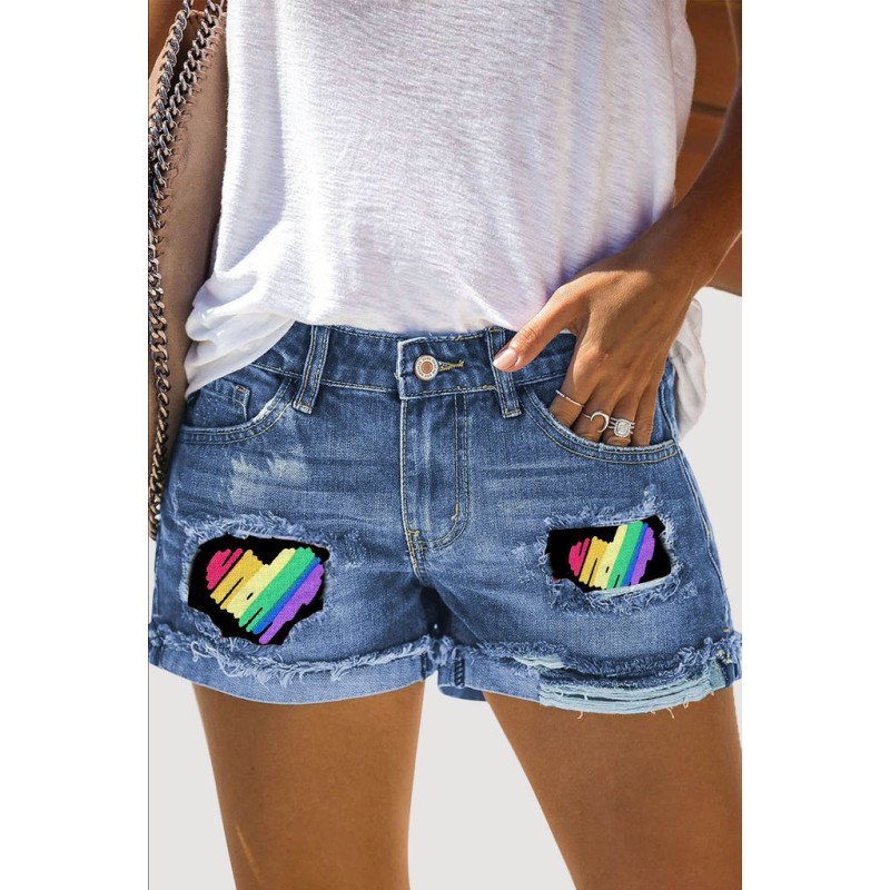 Women's Ripped Jeans Shorts Rainbow Heart Patch Frayed Raw Hem Denim Shorts