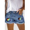 Women's Ripped Jeans Shorts Rainbow Heart Patch Frayed Raw Hem Denim Shorts