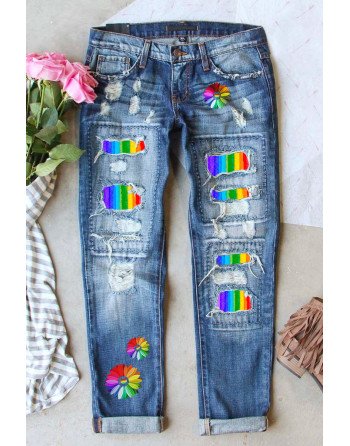 Ripped Jeans for Women LGBT Rainbow Floral Print Patch Stretch Distressed Jeans