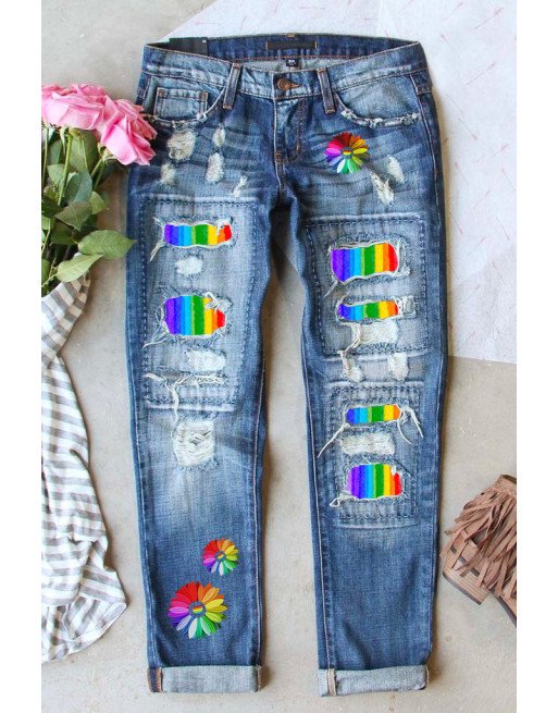 Ripped Jeans for Women LGBT Rainbow Floral Print Patch Stretch Distressed Jeans