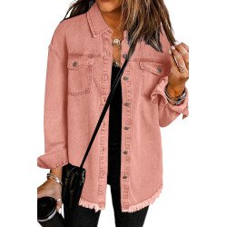 Women  s Oversized Shacket Pocket Long Boyfriend Raw Hem Button Jacket
