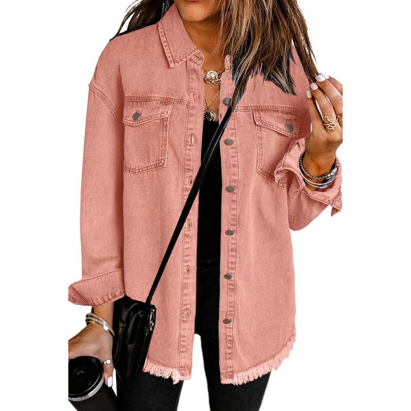 Women  s Oversized Shacket Pocket Long Boyfriend Raw Hem Button Jacket