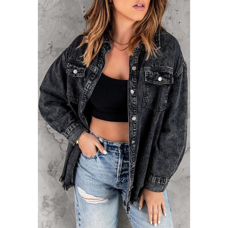 Women  s Oversized Shacket Pocket Long Boyfriend Raw Hem Button Jacket