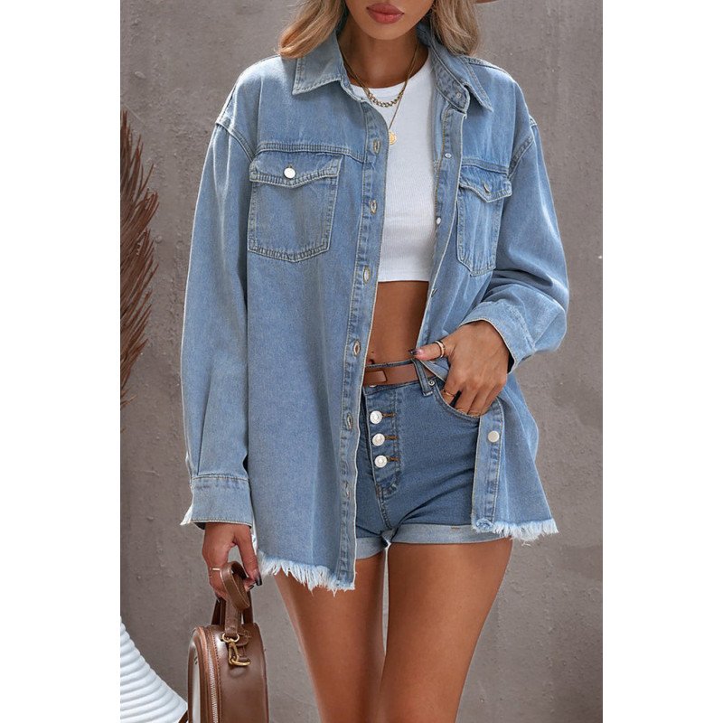 Women  s Oversized Shacket Pocket Long Boyfriend Raw Hem Button Jacket