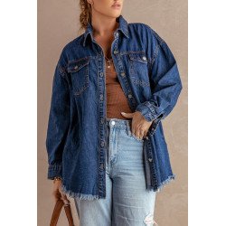 Women  s Oversized Shacket Pocket Long Boyfriend Raw Hem Button Jacket