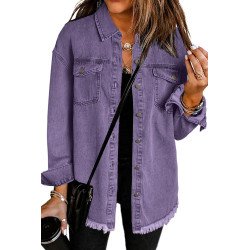 Women  s Oversized Shacket Pocket Long Boyfriend Raw Hem Button Jacket