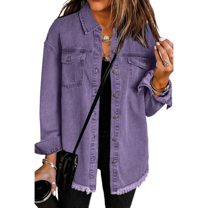 Women  s Oversized Shacket Pocket Long Boyfriend Raw Hem Button Jacket