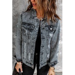 Distressed Buttons Washed Denim Jacket
