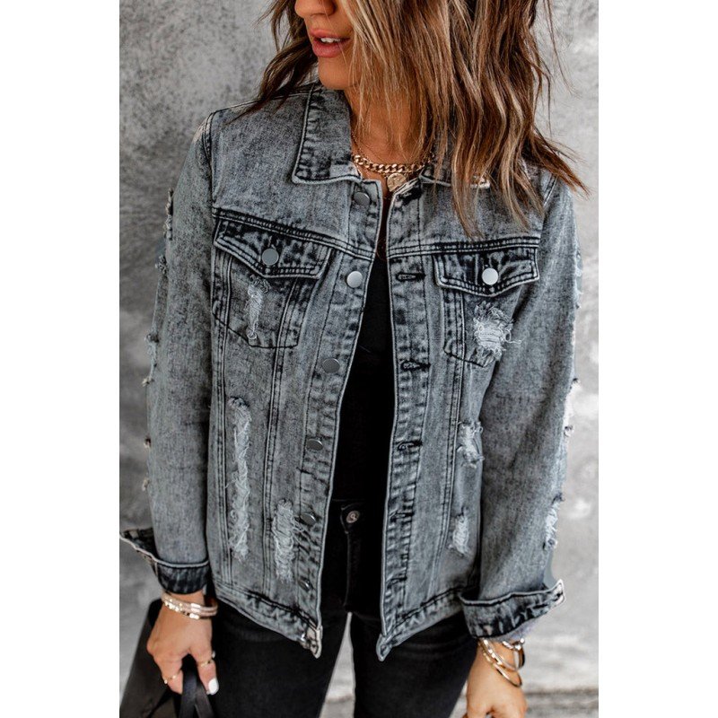 Distressed Buttons Washed Denim Jacket