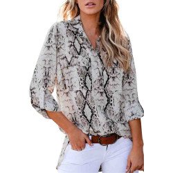 Snakeskin Print 3/4 Sleeve Button Front Blouse With Pocket Grey