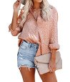 Loose Long Sleeve Embossed Button Front Blouse Pink