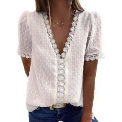 Women's Swiss Dot Lace Trim Deep V Neck T Shirt