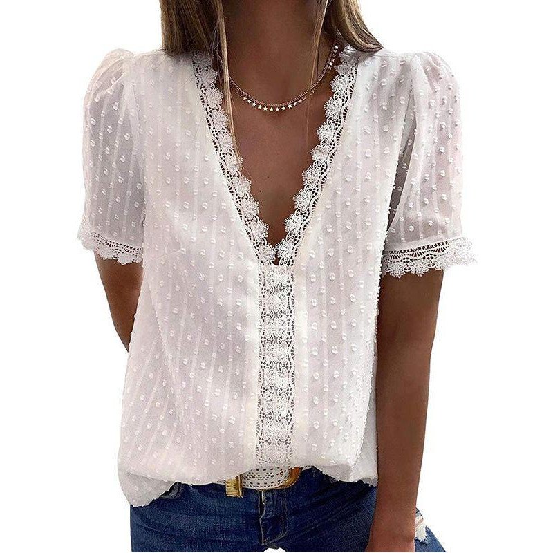 Women's Swiss Dot Lace Trim Deep V Neck T Shirt