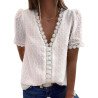Women's Swiss Dot Lace Trim Deep V Neck T Shirt