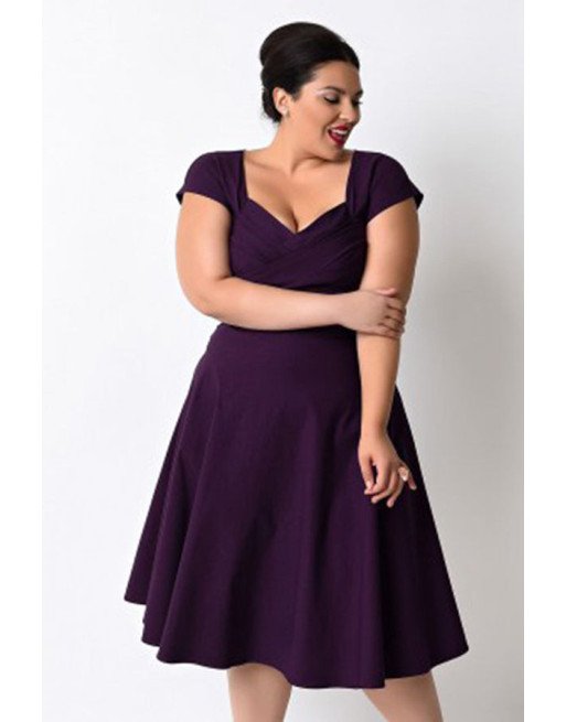 Plus Size Short Sleeve Empire Waist Swing Dresses Purple