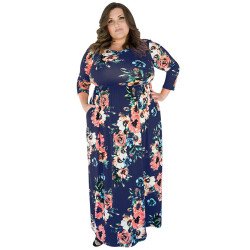 Womens Plus Size Floral Printed Tunic Long Sleeve Maxi Dress Navy Blue