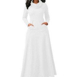 Womens Cowl Neck High Waisted Long Sleeve Plain Maxi Dress White