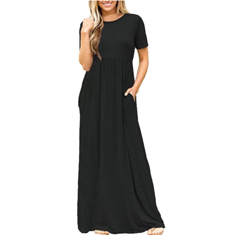 Womens High Waisted Short Sleeve Pocket Plain Maxi Dress Black