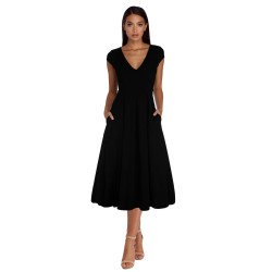 Womens Vintage Cap Sleeve V Neck Swing Pocket Wedding Bridemaid Midi Dress