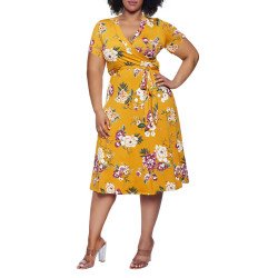 Women's Plus Size Short Sleeve Faux Wrap Floral Dress with Belt