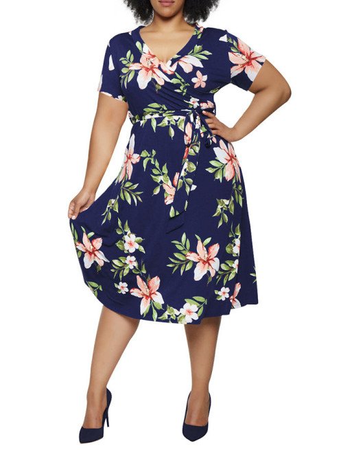 Women's Plus Size Short Sleeve Faux Wrap Floral Dress with Belt