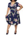 Women's Plus Size Short Sleeve Faux Wrap Floral Dress with Belt