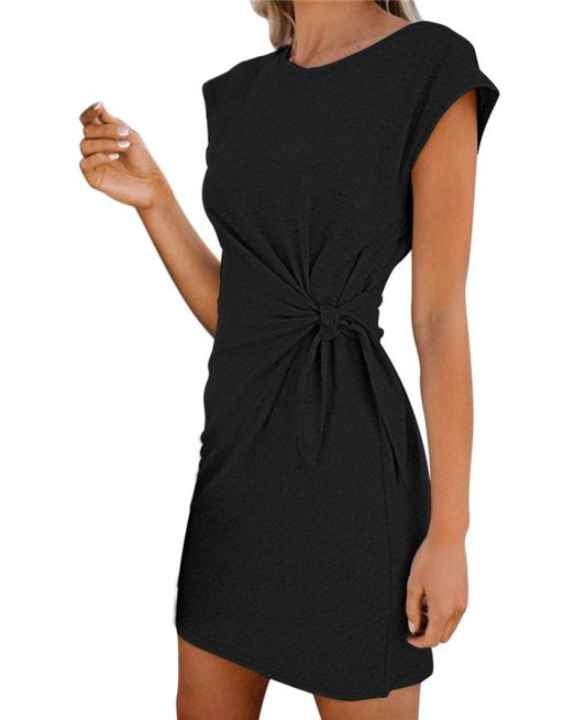 Short Sleeve Tie Knot Plain T-Shirt Dress Black