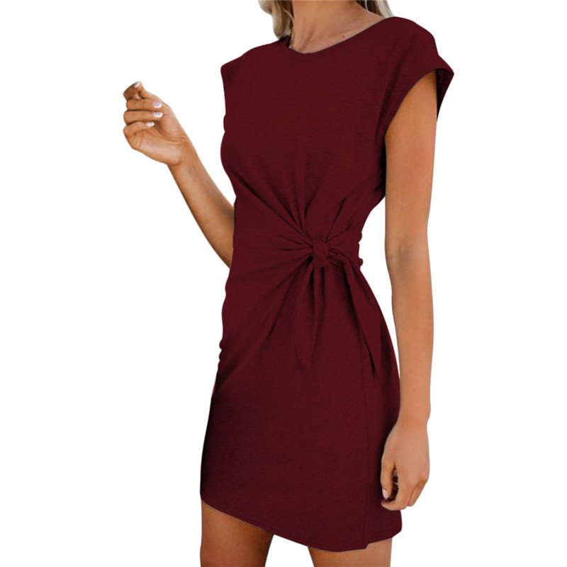 Plain Short Sleeve Tie Knot T-Shirt Dress Ruby