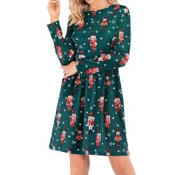 Crew Neck Nutcracker Print Christmas Dress Green
