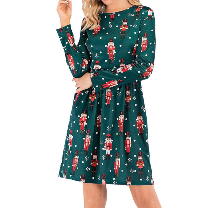 Crew Neck Nutcracker Print Christmas Dress Green
